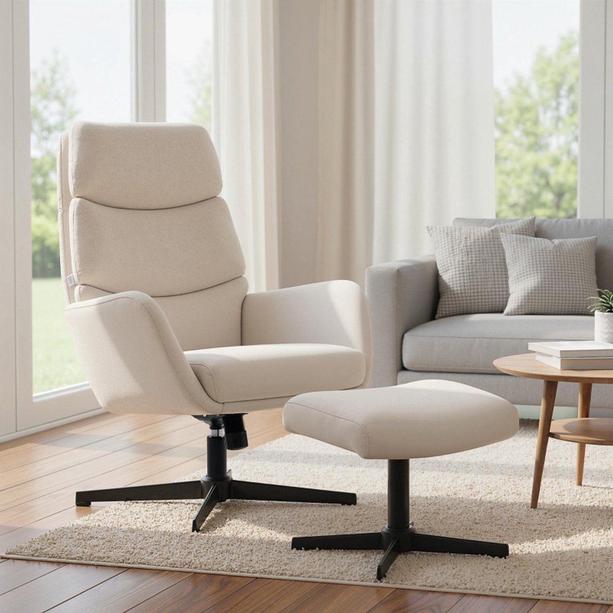 COVREO Fauteuil met hocker 75x66x99 cm beige stof, metalen onderstel