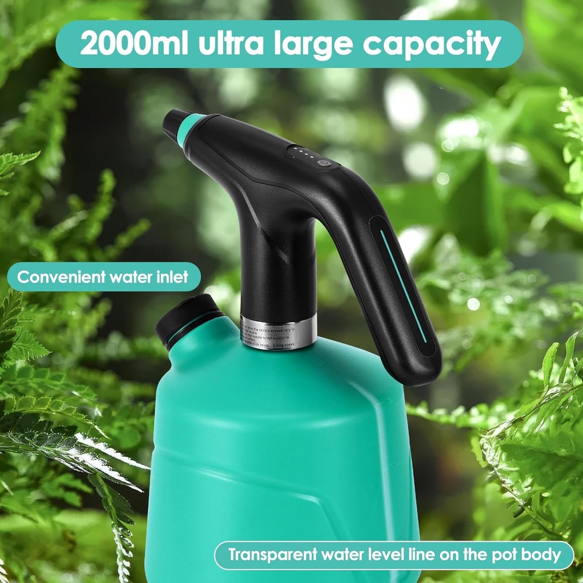Elektrische spuitfles, 2 liter, USB-oplaadbaar, elektrische gieter met verlengstang, tuinsproeier, plantennevel voor tuinieren of huisreiniging, tuinspinklerapparaat