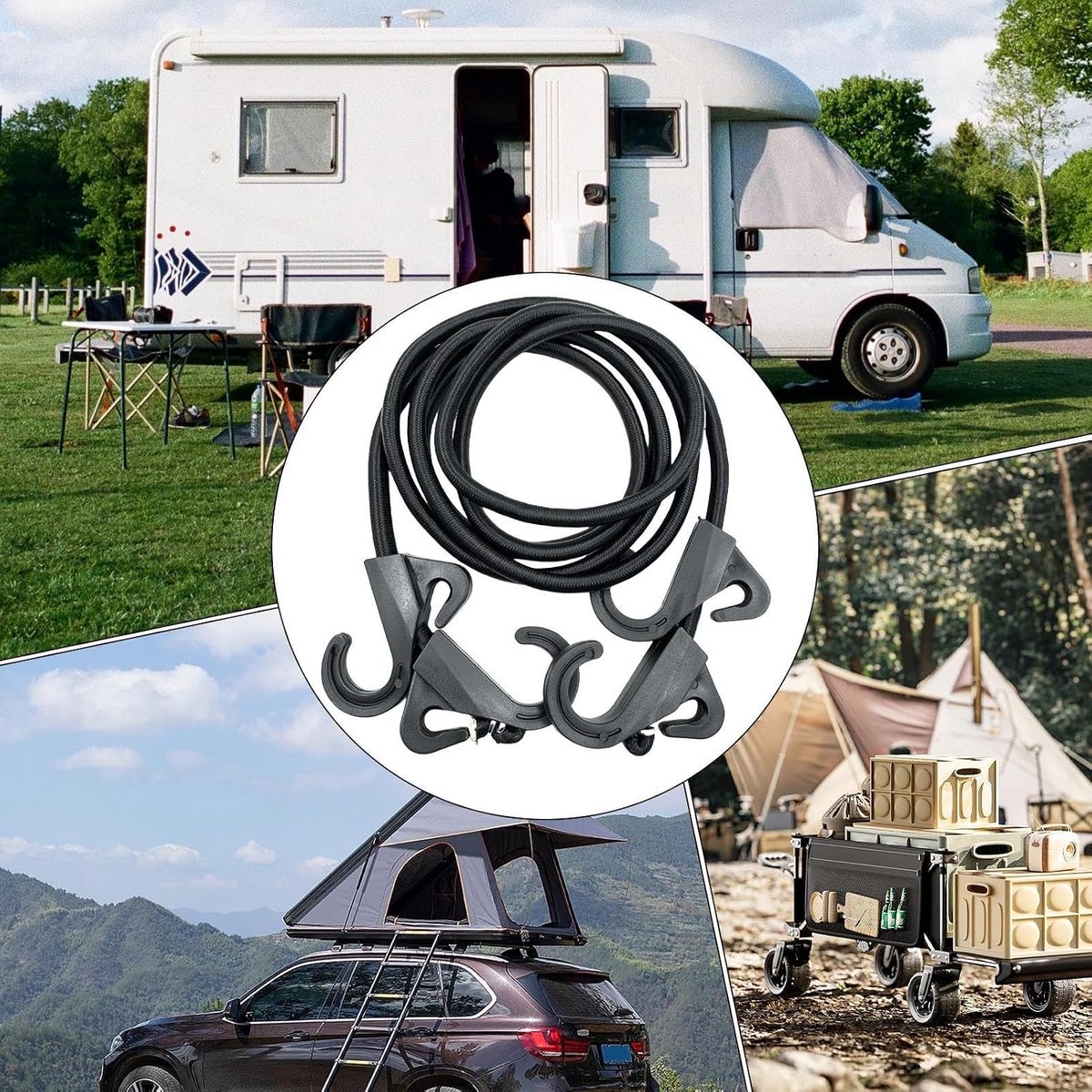 Elastisch Koord met Karabijn - Spanband Bungee - Bagage Vastzetten - Dubbele Haak Ontwerp - 2 meter - Zwart