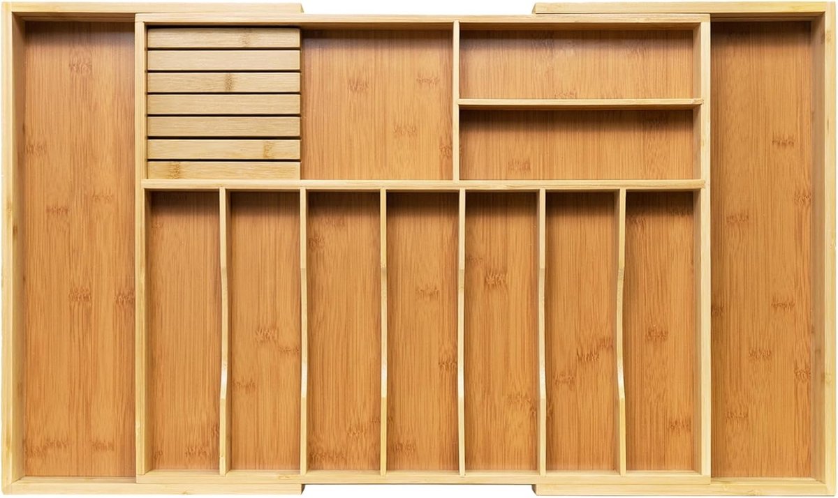 Grote verstelbare bestekbak van bamboe voor schuifladen, houten lade-organizer voor keuken en serviesopslag