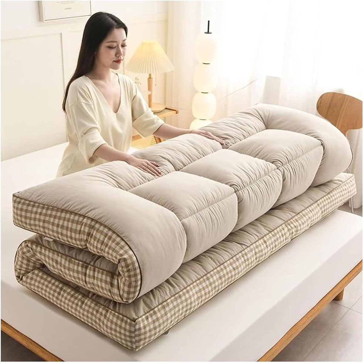 Japanse Vloermatras - Futonmatras Tatami - Flexibel Slapen - Extra Dikke Vulling - 180x200cm - Beige