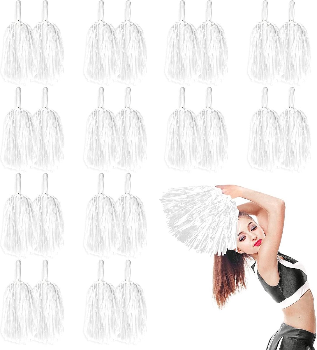 24 Stuks Metallic Cheerleading Pom Poms voor Kinderen en Volwassenen, Juichaccessoires met Baton Handvat voor Sport, Dansfeesten en Teamgeest (Wit)