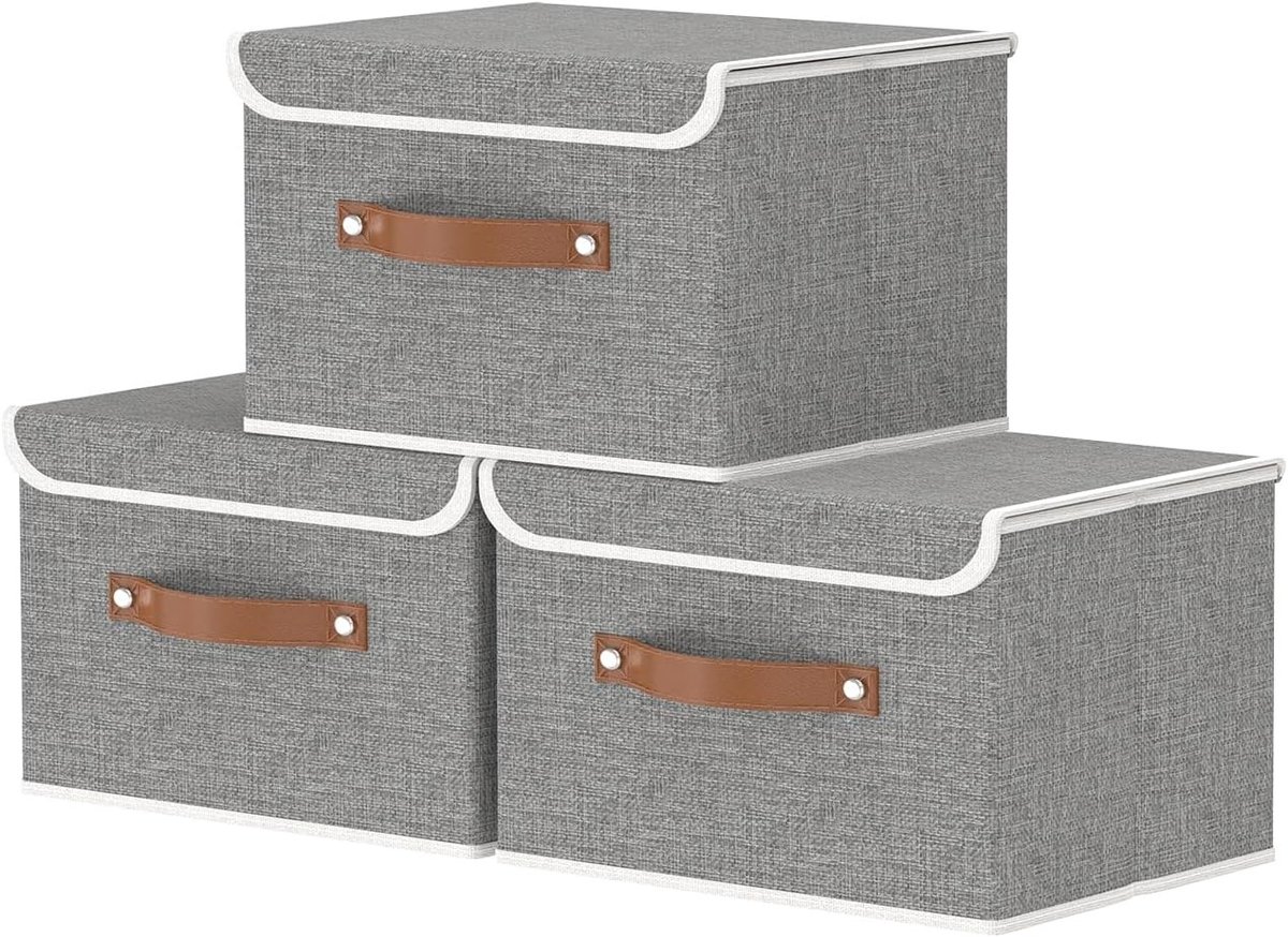 Set van 3 Vouwbare Opbergmanden met Deksel - Decoratieve Opbergdozen voor Kleding - 26 x 20 x 17 cm Grijs, Ideaal voor Kledingorganisatie en Huishoudelijke Opberging
