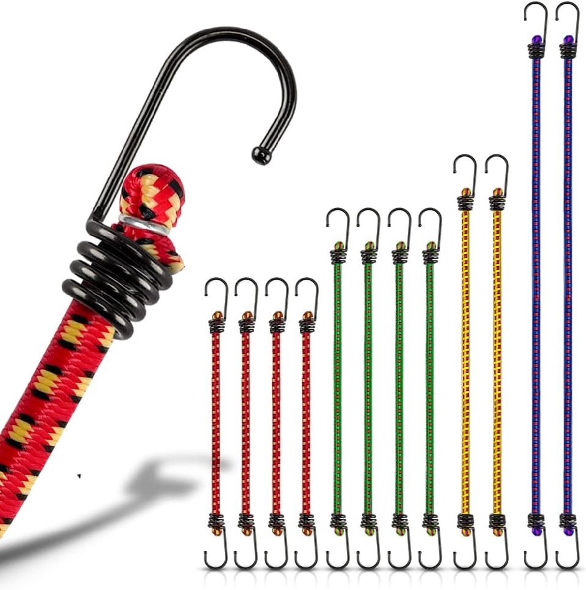 Snelbinders fiets - Rood, groen, geel, blauw - Set van 12 elastische spankabels met haken - Duurzaam rubber voor transport en vastzetten