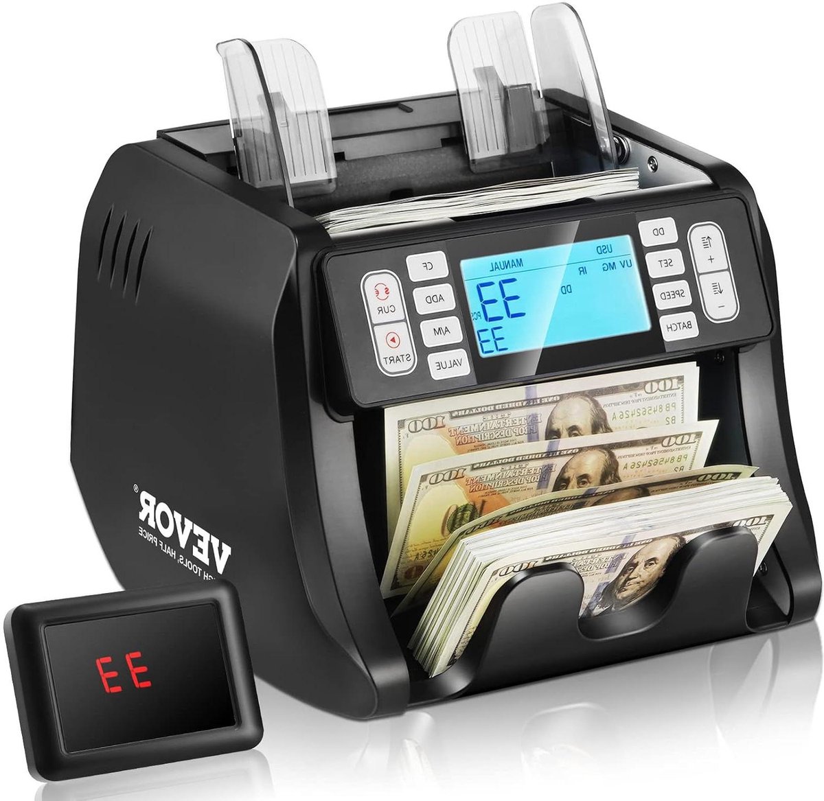 Geldteller met Detectie - Bankbiljettenteller Biljetten Teller - Contant Geld Tellen - Vier Detectiemethoden - 1200 Biljetten/Min - Zwart