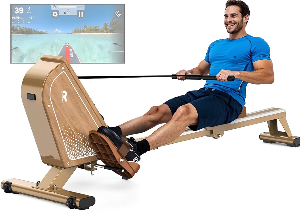 Lìon® Roeimachine - Roeimachine Inklapbaar - Roeimachine met App - Roeiapparaat voor Thuis - Bruin - 150cm x 54cm x 45cm
