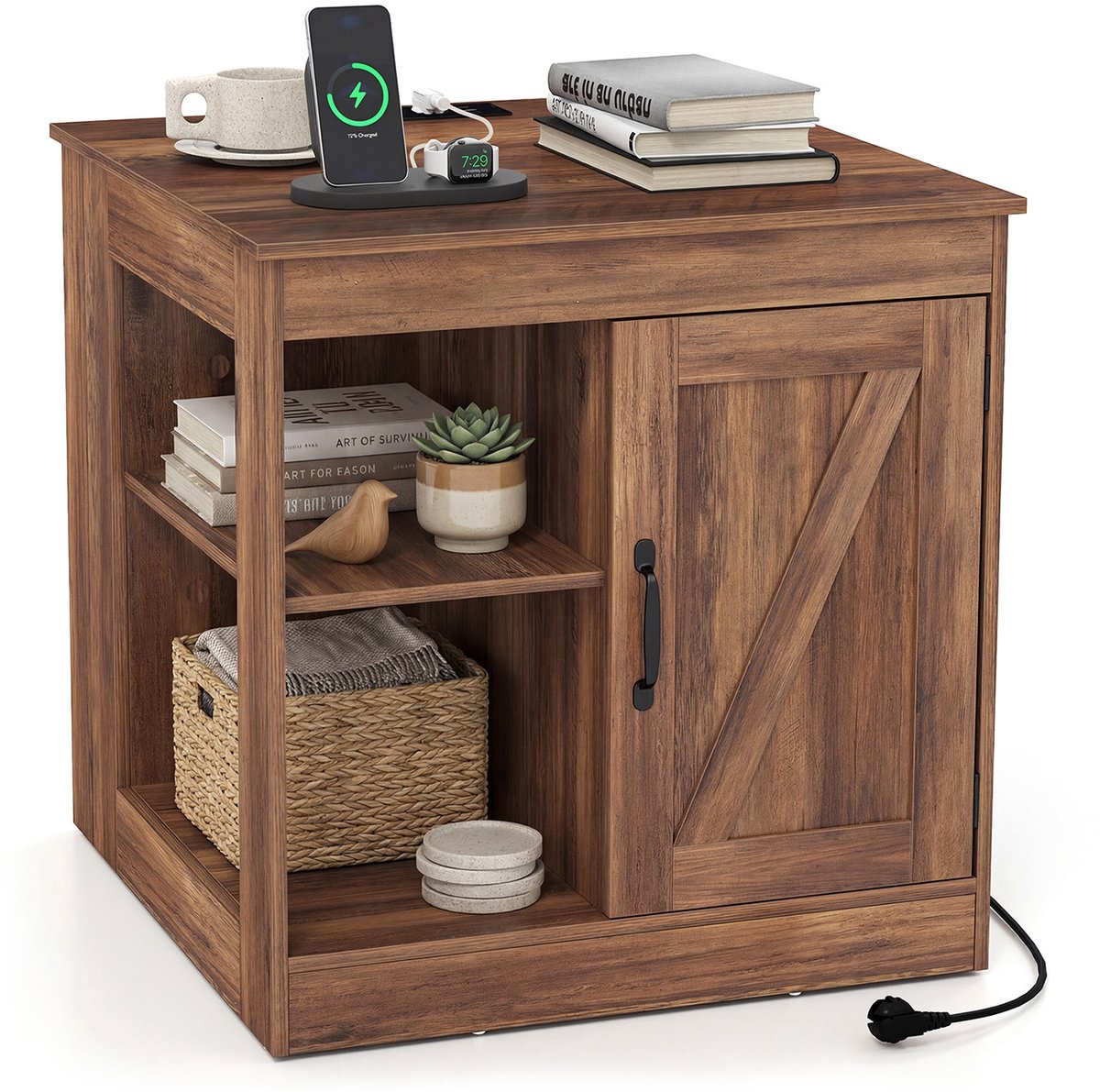 COSTWAY Nachtkastje met laadstation, bijzettafel met verstelbaar schap, open vakken, kast, houten nachtkastje, banktafel voor woonkamer, slaapkamer (Rustiek eikenhout)