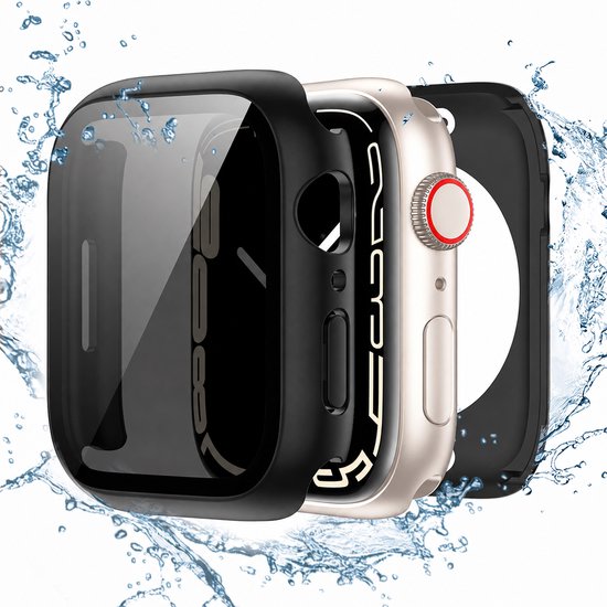 Drie Apple Watch series 7/8/9/10/11 46mm hoesjes in het zwart, goud en transparant met waterdruppels.