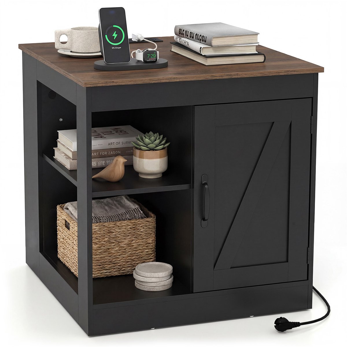 COSTWAY Nachtkastje met laadstation, bijzettafel met verstelbaar schap, open vakken, kast, houten nachtkastje, banktafel voor woonkamer, slaapkamer (Zwart + Naturel)