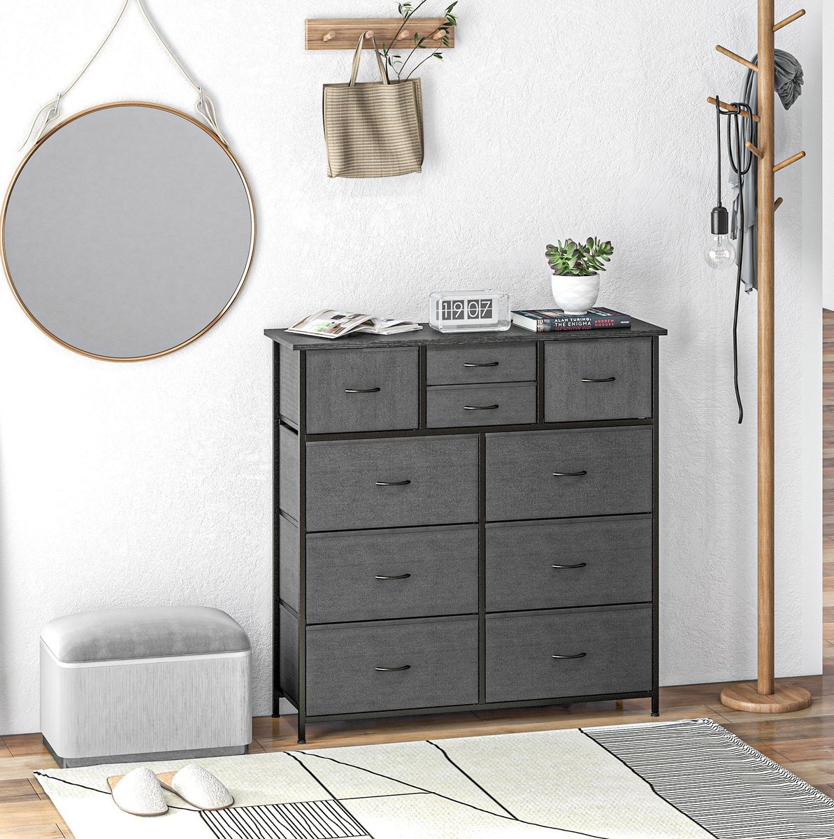 COVREO Ladekast 100 x 30 x 100 cm zwart, staal en stof, 10 lades
