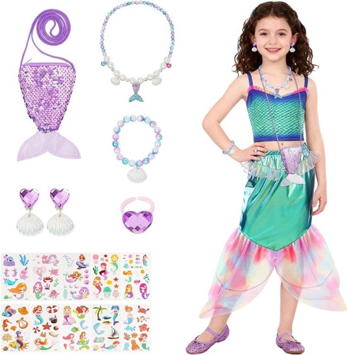 Zeemeermin Prinses Kostuum met Accessoires zoals Tassen, Sieraden en Stickers voor Halloween, Verjaardagen en Cosplay