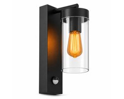 Luminize buitenlamp met bewegingssensor - wandlamp buiten met sensor - E27 fitting - buitenlamp met glas - instelbare sensor - 220V - IP44 - tuinverlichting - zwart