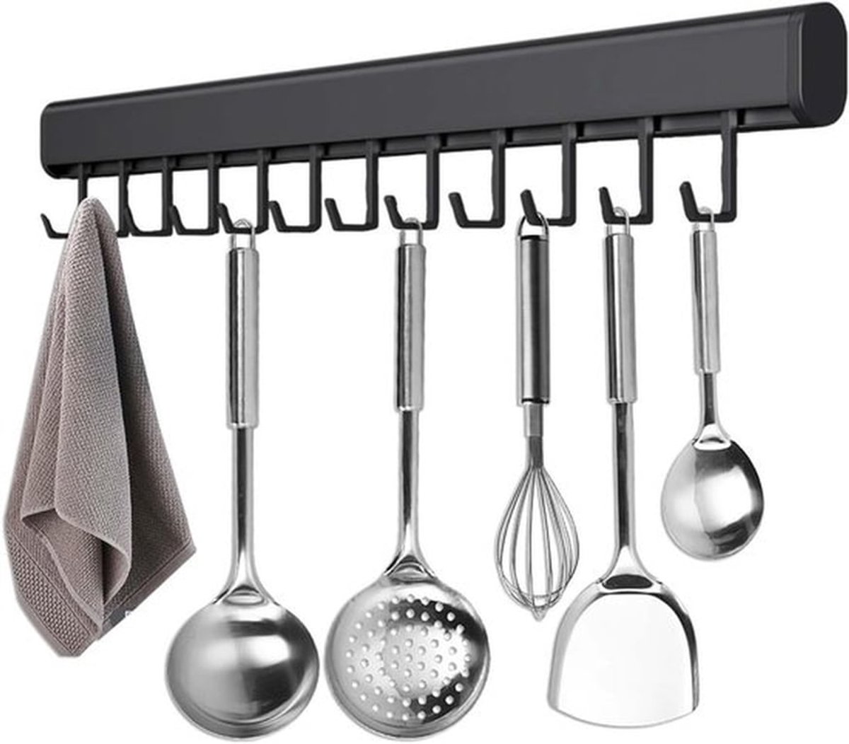Keukenhulpmiddelenhouder 50 cm met 10 Haakjes voor Pannen en Lepels, Aluminium, Zwart, Zelfklevend, Geen Boren, Ruimtebesparend en Functioneel