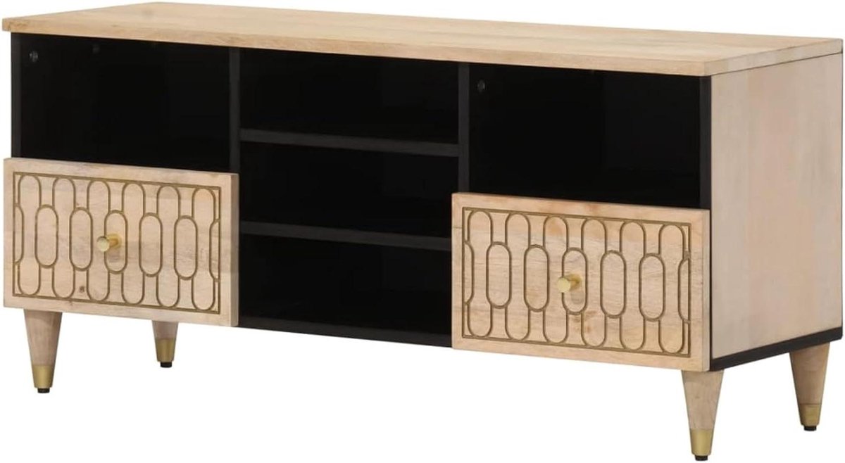 TV-kast Mangohout - Mediameubel Dressoir - Woonkamer Organisatie - Handgesneden Patroon - 100x33x46 cm - Naturel