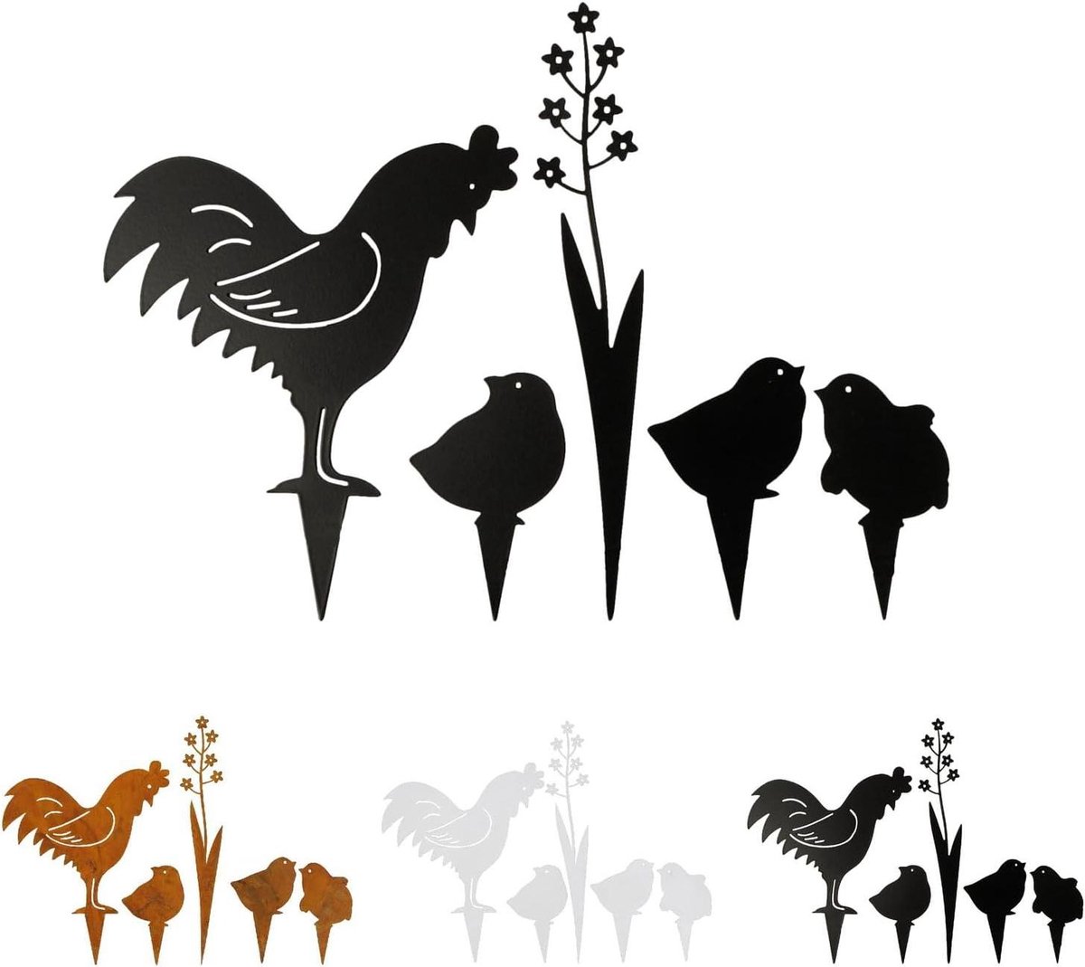 Paasdecoratie Set - Tuinsteker Kip - Tuin Aankleden - Handgemaakt Metaal - 5 Delig - Zwart