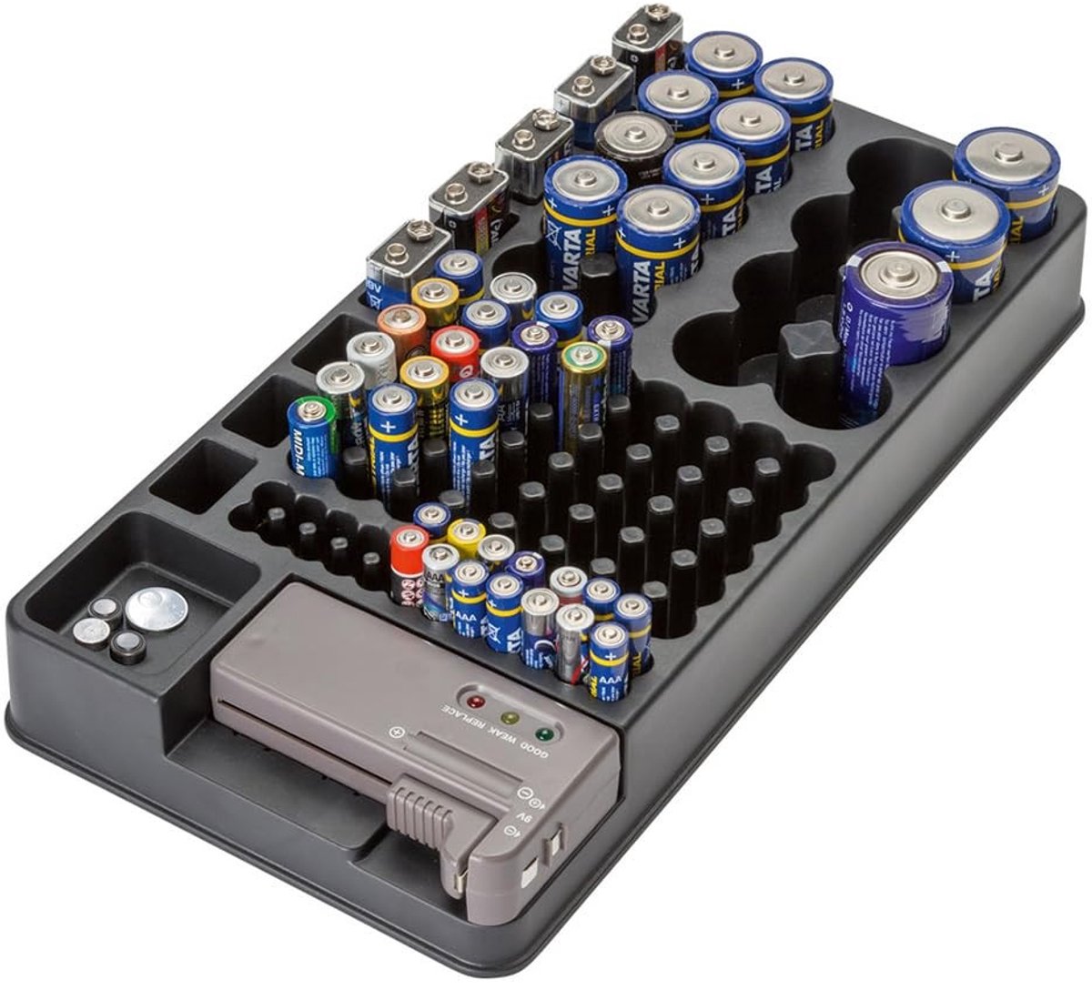 Batterijtester - Zwart - Batterijbox met 98 vakken - ABS en polystyreen - Voor AAA, AA, C, D en 9V batterijen