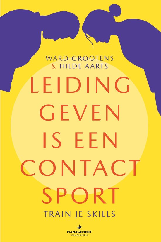Boek met gele achtergrond. Titel: Leiding geven is een contact sport. Twee paarse profielen van hoofden kijken naar elkaar.