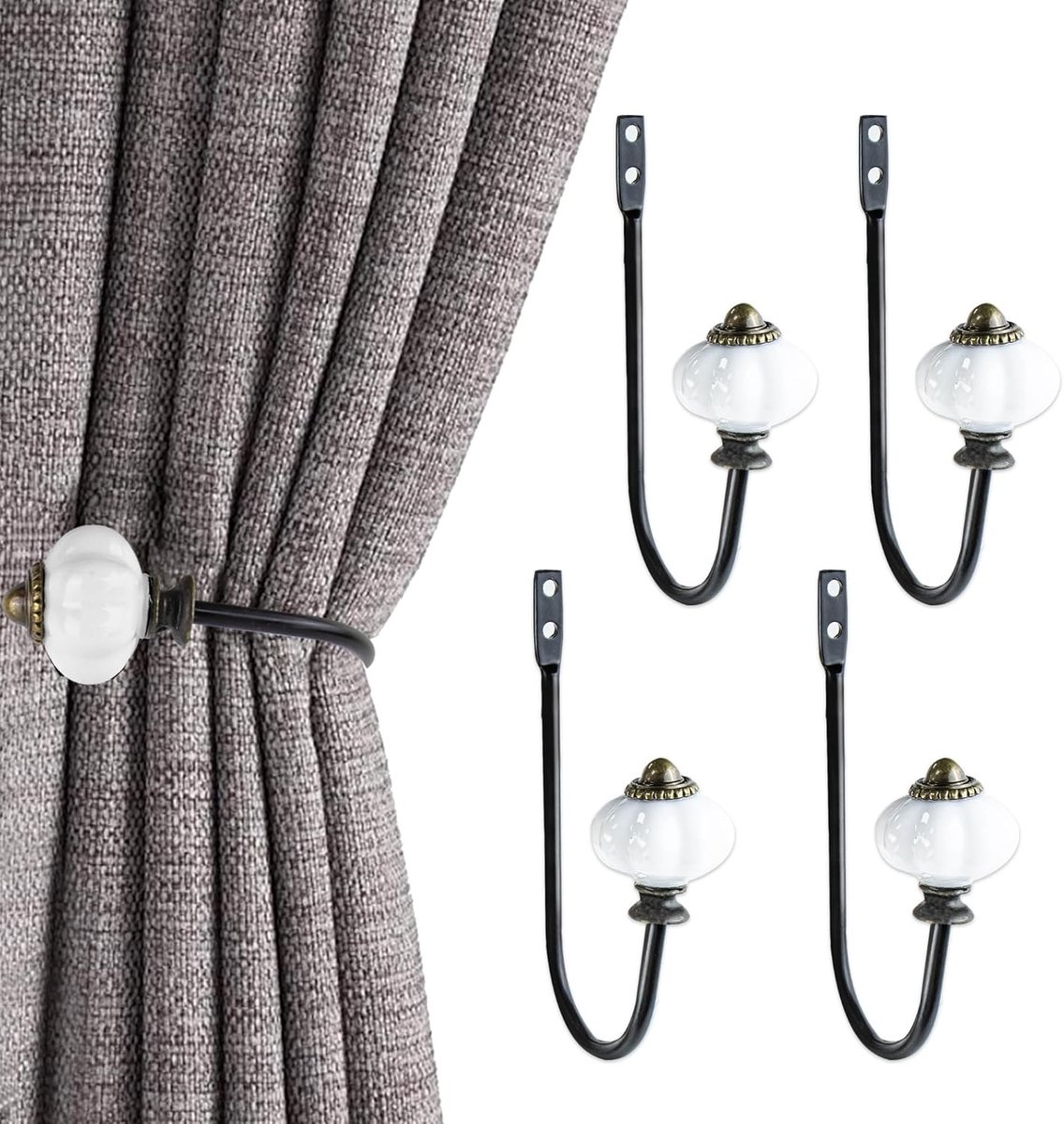 Set van 4 U-vormige Vintage Gordijnhouders voor Woonkamer, Slaapkamer en Keuken - Inclusief Muurbevestigingen en Metalen Haakjes