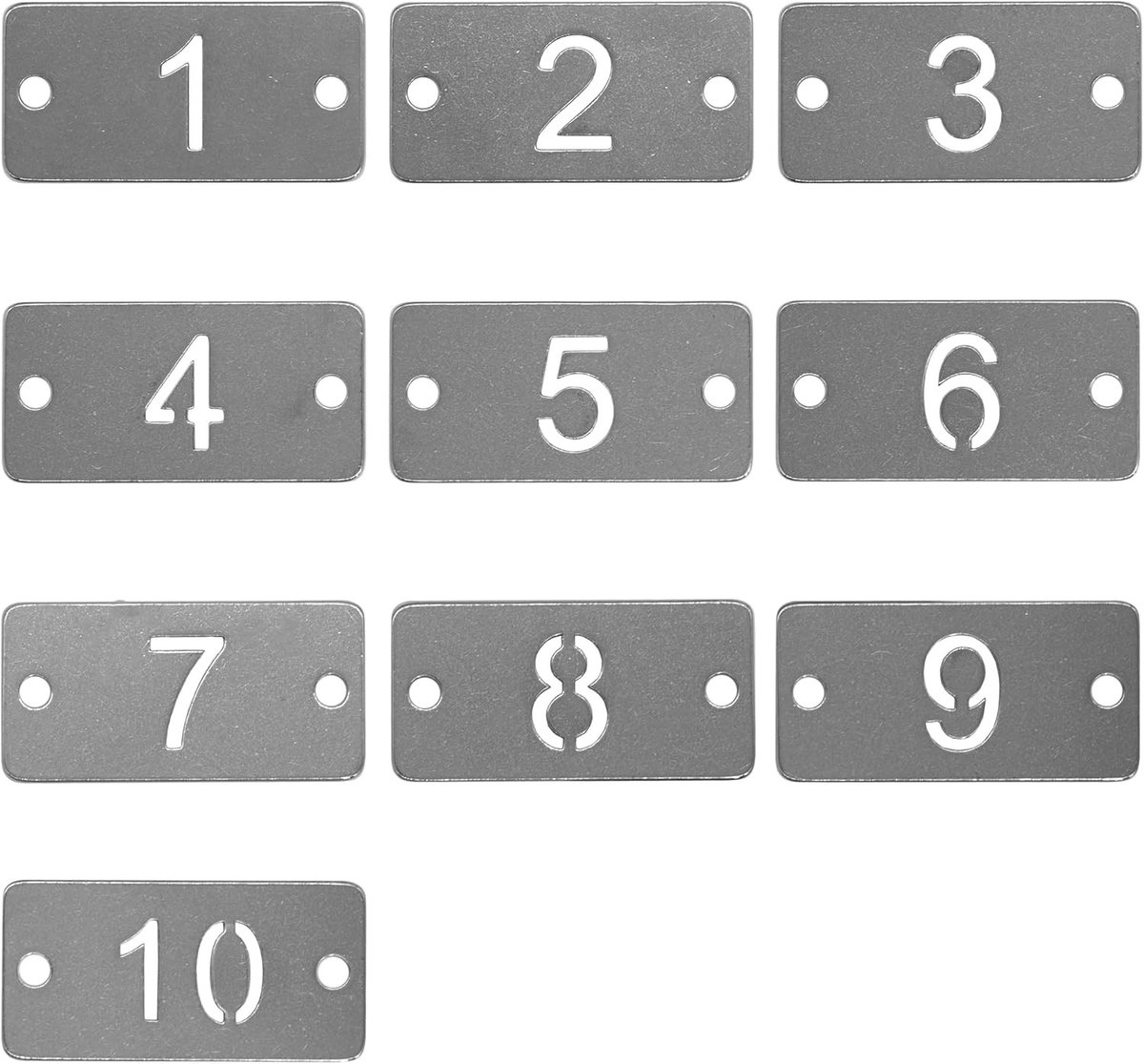 Roestvrijstalen rechthoekige nummerplaten met twee gaten voor huisnummers en labels (1–10)