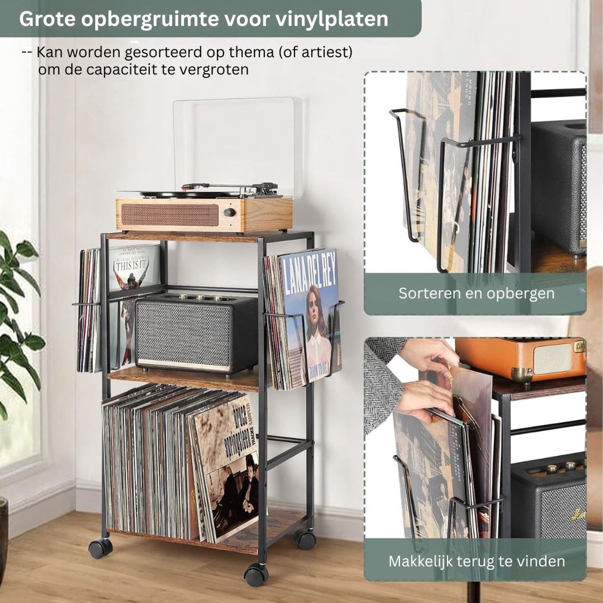 Zavio® Platenspeler Meubel - Platenspeler Kast op Wielen - LP Houder