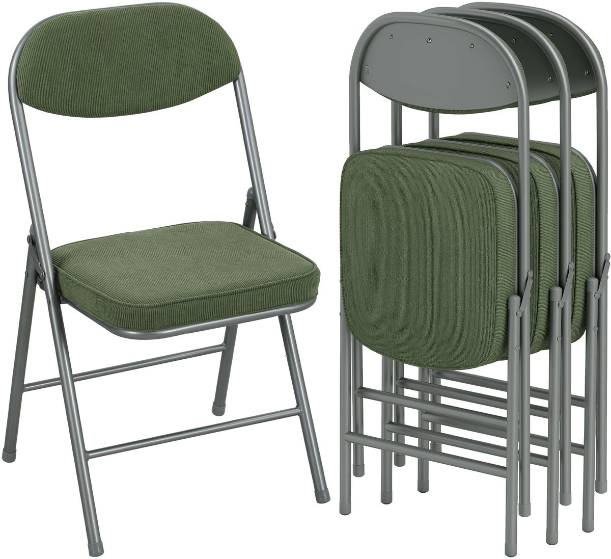 Set van 4 klapstoelen - draagbare eetkamerstoelen met zitvlakken en rugleuningen bekleed met groen corduroy