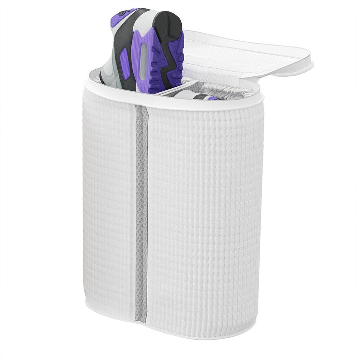 Wasmachine schoenwaszak - dubbele vakken, pluizige 360° bescherming en reiniging, gaas inlegzoolhouder, krasbestendige ritssluiting, wasmachine en droger, wit, beschermende dubbele schoenwaszak