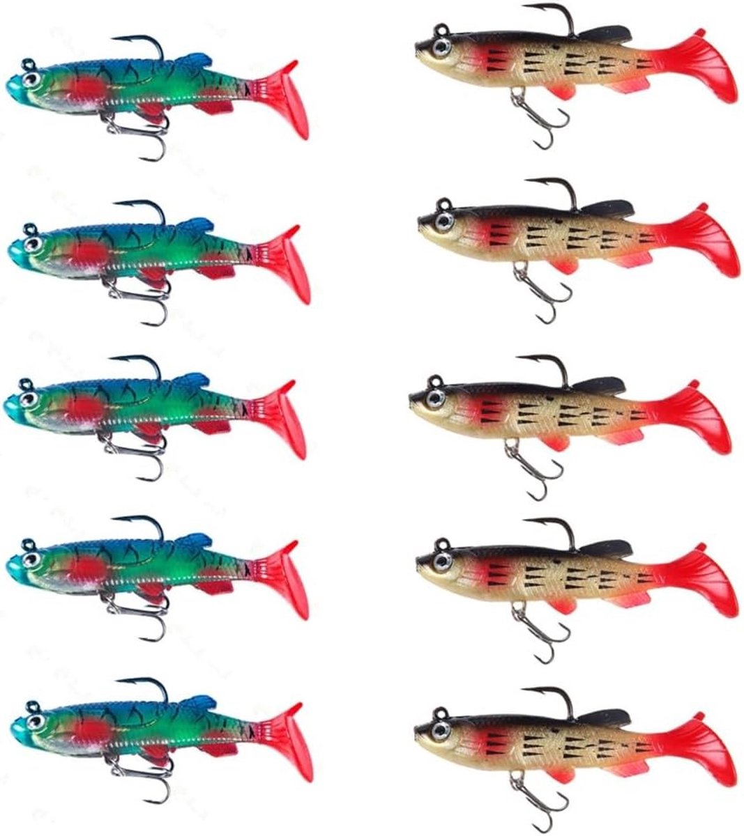 Set van 10 Zachte Vissensnoeren met Jigkop, Ideaal voor Snoek, Baars en Zander Visserij