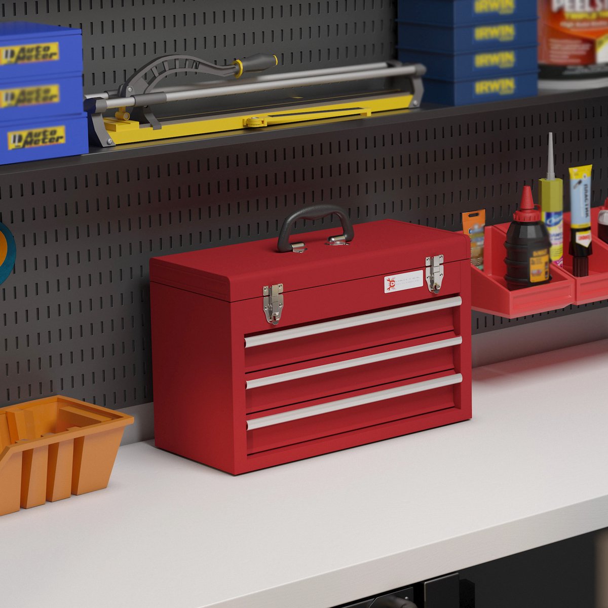 COVREO Gereedschapskoffer 51 x 22 x 32 cm rood staal, 3 lades en slot