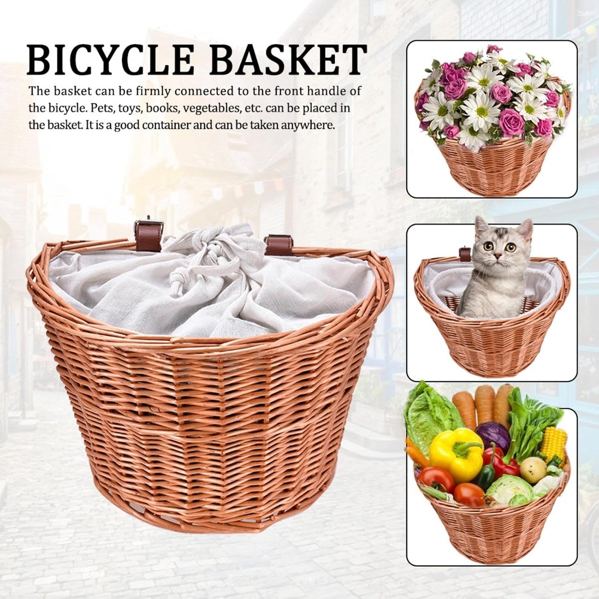 Geweven Fietsmand - Rieten Mand - Boodschappen Vervoeren - Afneembare Koordvoering - 36 x 25 x 22 cm - Bruin
