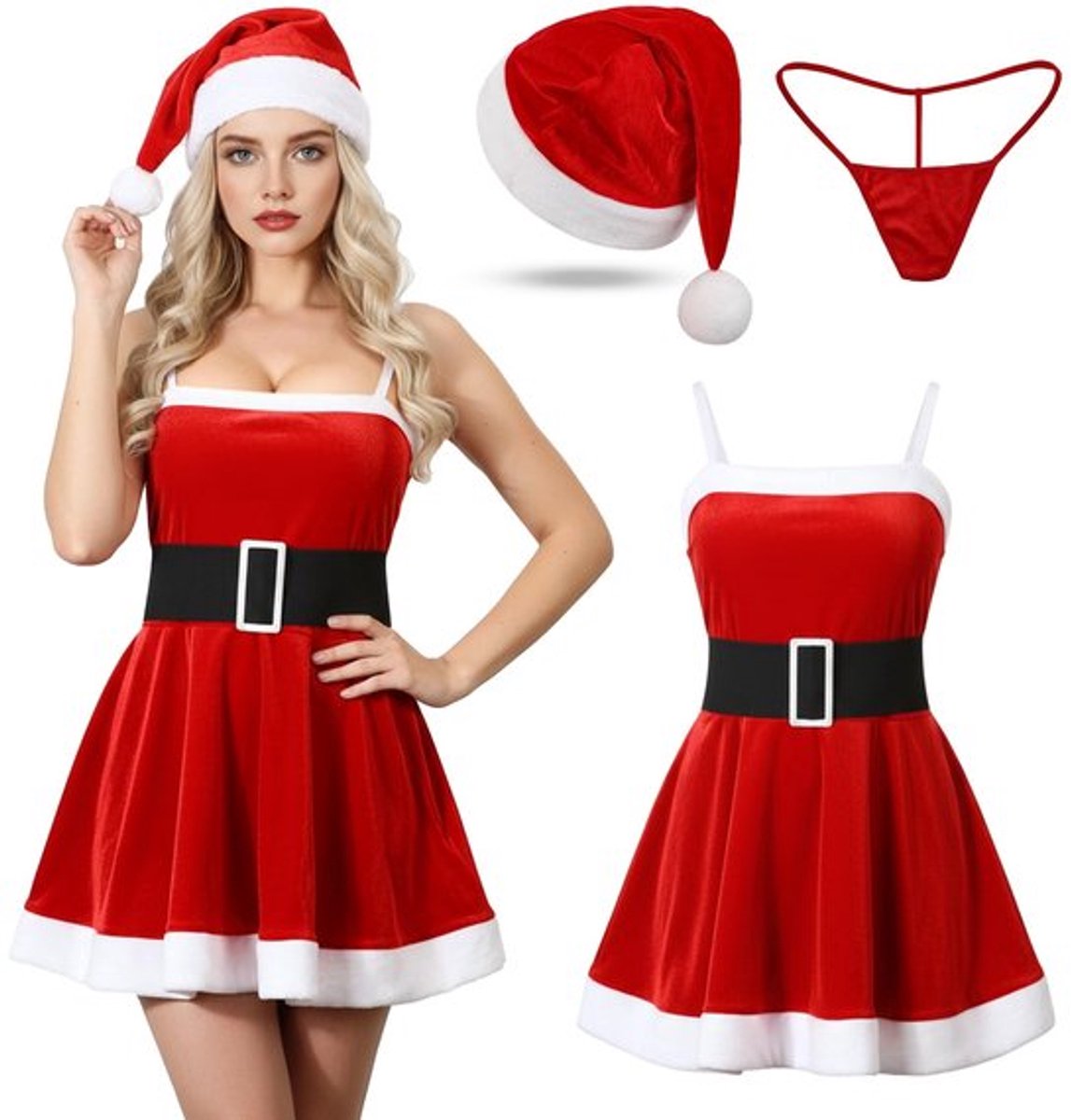 Kerstkostuum Dames - Rood Fluwelen Feestjurk - Kerstvrouw Kostuum - Kerstlingerie - Romantisch Ondergoed - Perfect voor Feestdagen - Kerstjurk