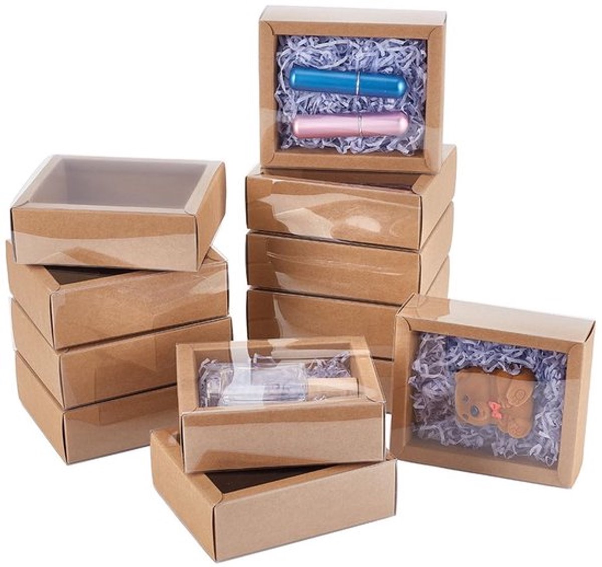 Geschenkdoos 12 Stuks - Bruin/Kraftpapier - Mat Vensterontwerp - 10,5x8,5x4cm - Duurzaam PVC - Perfect voor Sieraden/Snoep - Cadeauverpakking
