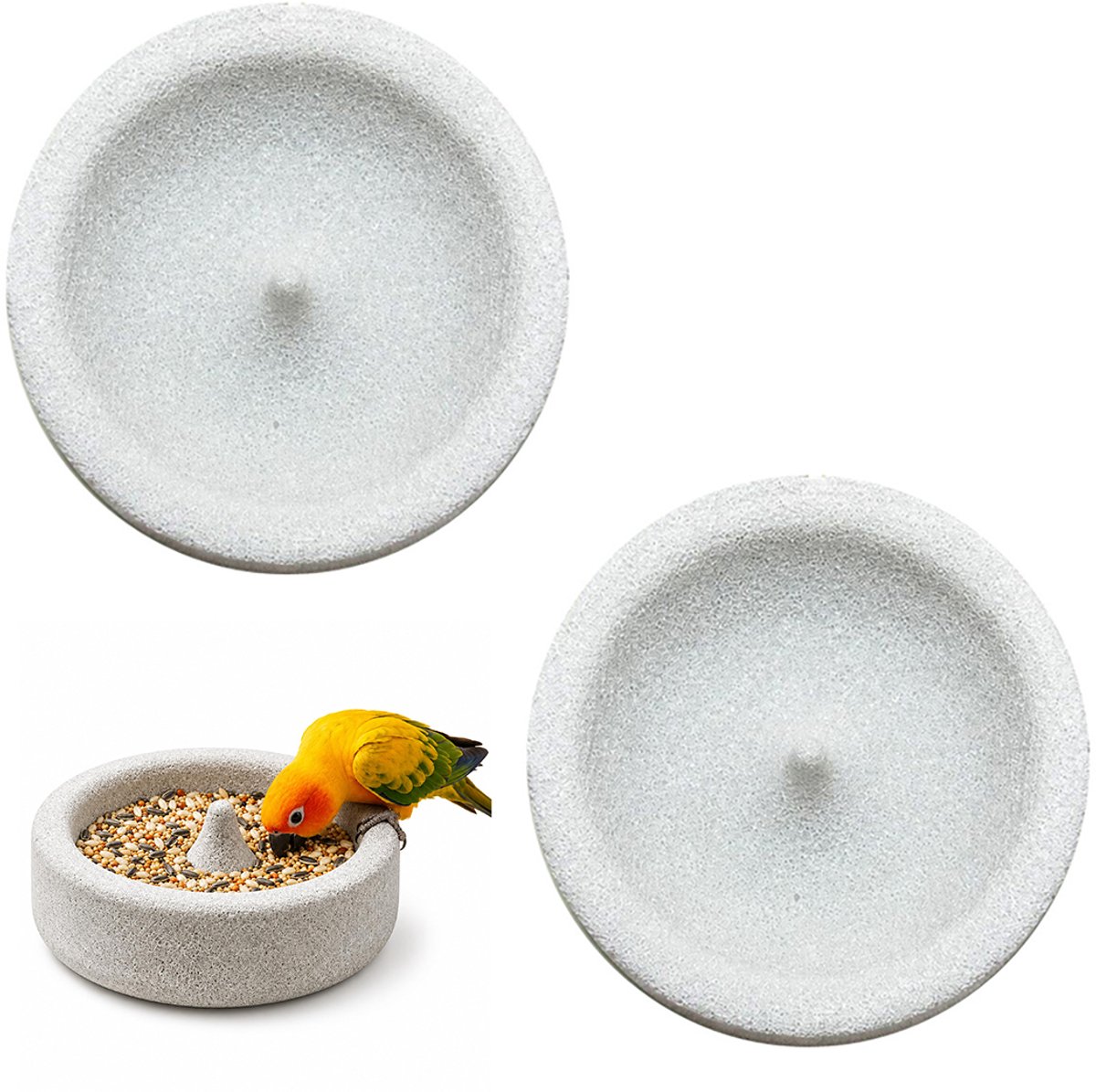 2-stuks Natuurlijke puimsteen voederbak voor vogels - Voederbak voor vogelkooien - Puimsteen voederbakje - Puimsteen kom - Voederbak - 15*15*4 cm - Geschikt voor papegaaien, mussen en andere kleine dieren - Grijs