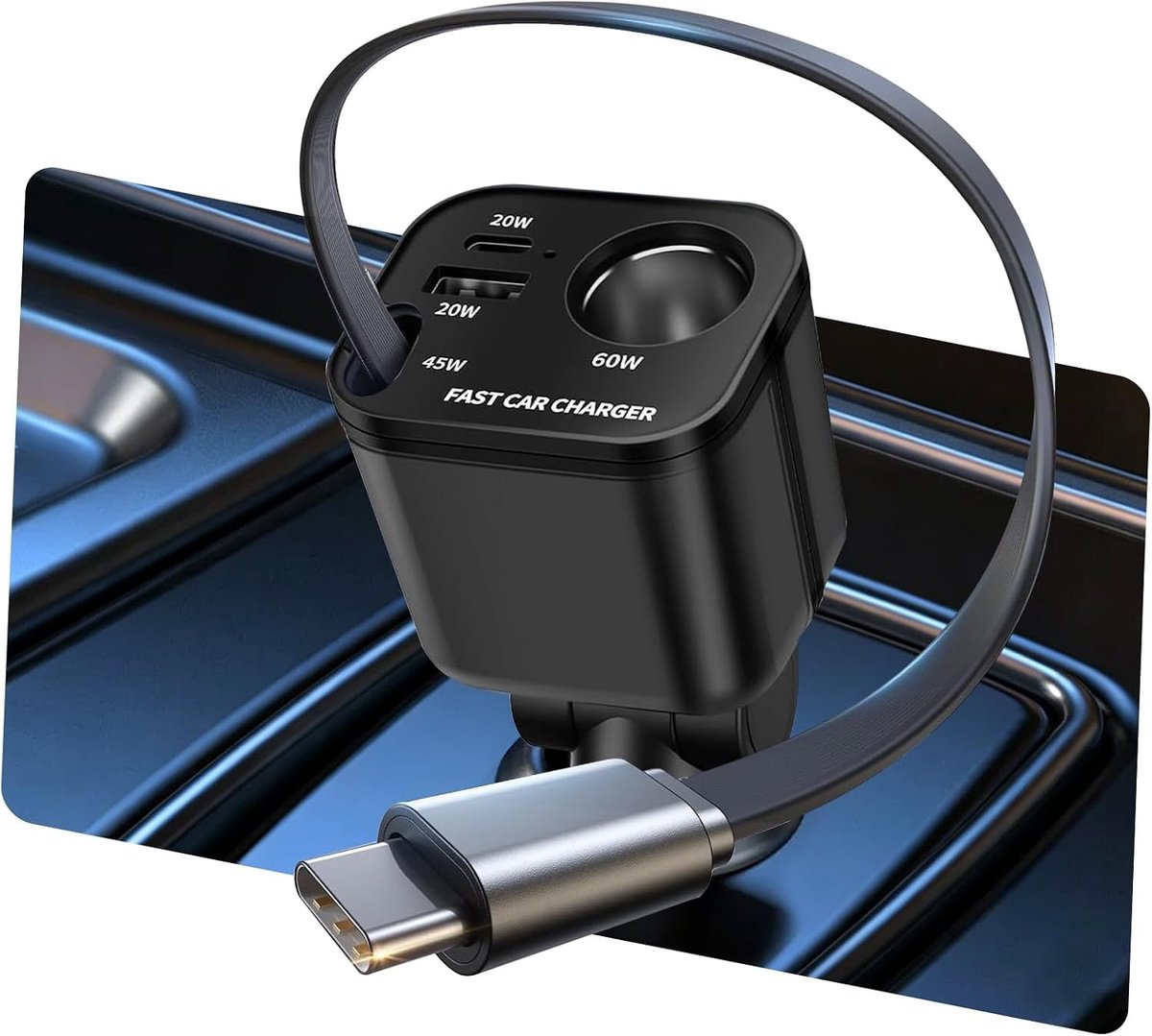 Sigarettenaansteker USB C Verdeler - Zwart - Compacte Autolader met Intrekbare Kabel - Voor Auto's met 12/24 V