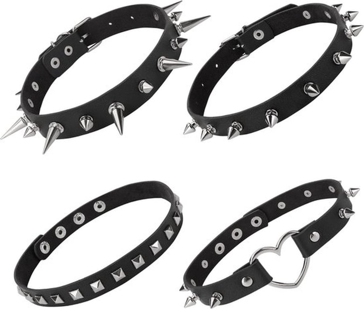 Choker 4 Stuks - Zwarte PU Lederen Halsband - Punk/Gothic Kraag - Vintage Spike Ring - Duurzaam Materiaal