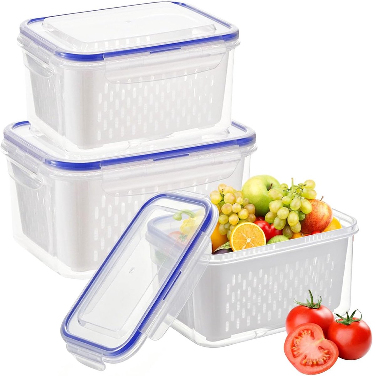 KZQ Set van 3 vierkante kunststof koelkastbewaarbakjes met deksel en uitneembaar vergiet, stapelbaar, voor groente en fruit, inhoud 850, 1750 en 3000 ml.