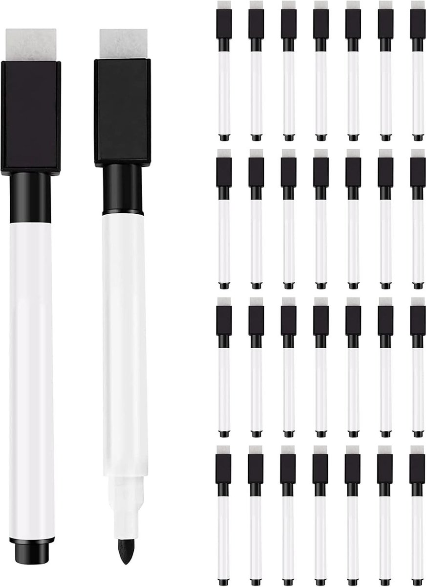 Whiteboardmarkers - Zwart - 30 Stuks - Droog Uitwisbare Stiften met Magnetische Doppen - Voor Thuis, School en Kantoor