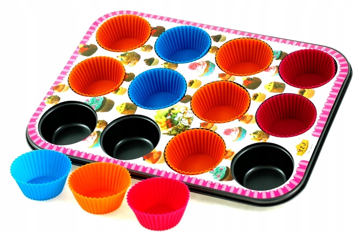 Metalen Muffinvorm voor 12 Cupcakes met Siliconen Bakjes