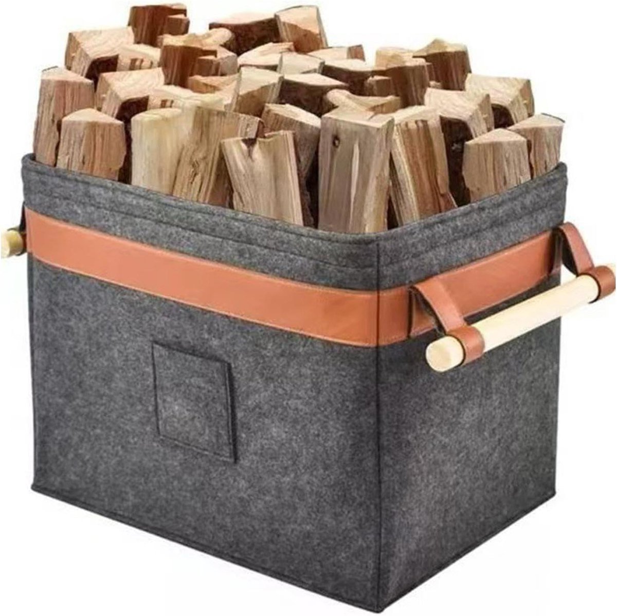 Brandhouten mand - Brandhoutdrager opberger - Haardhout opslaan - Duurzaam vilt en hout - 45 x 32 x 40 cm
