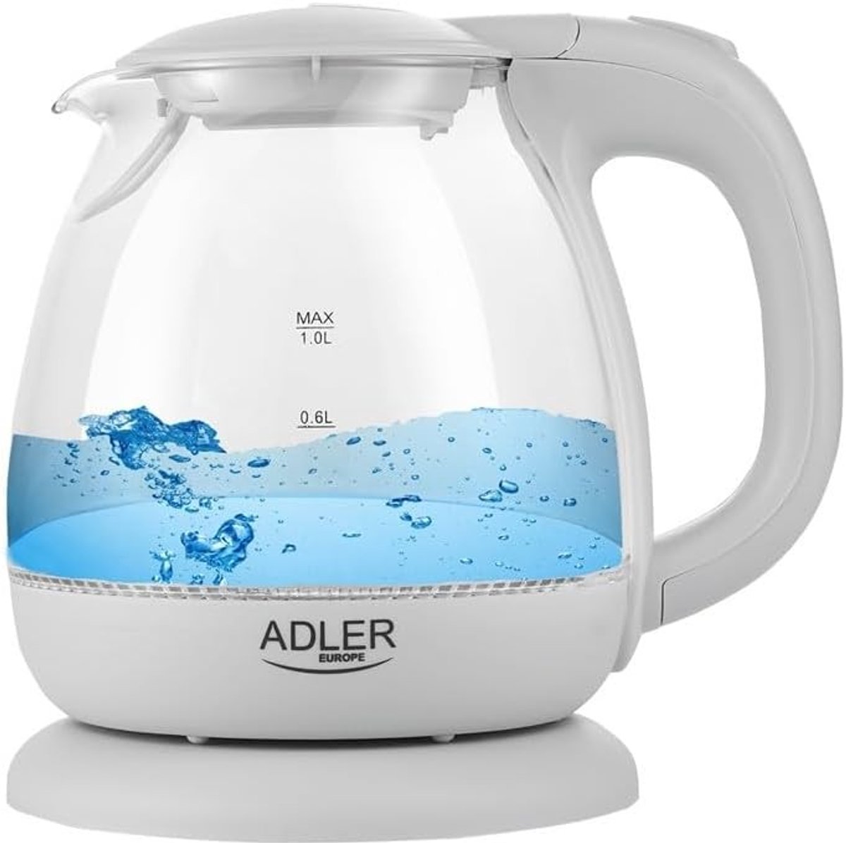 Retro waterkoker - wit - 1 liter - glazen elektrische waterkoker met LED verlichting - voor thuisgebruik
