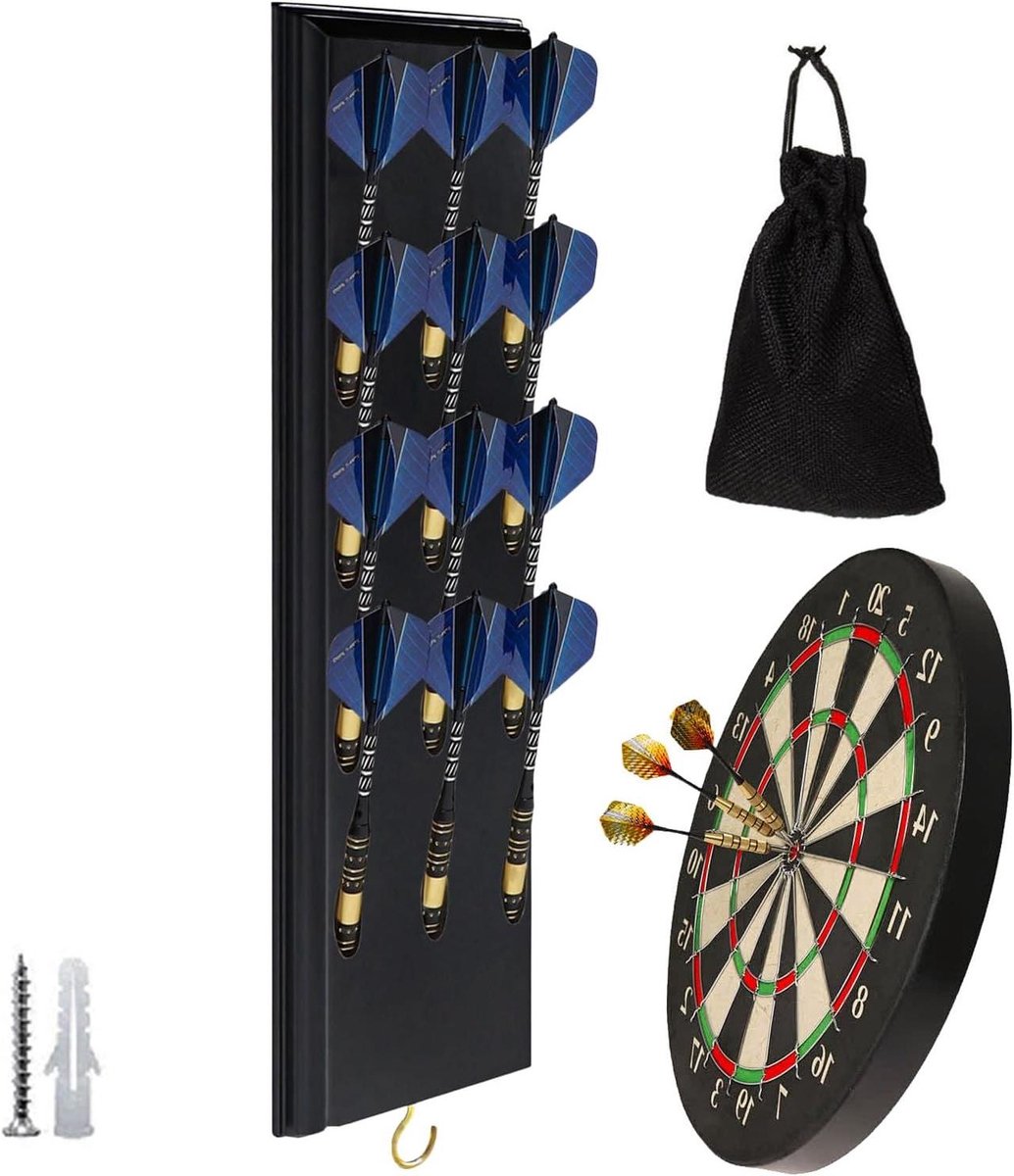Dart Organizer Hout - Dart Standaard Muur - Dartpijlen Opbergen - Ruimtebesparende Wandmontage - 12 Pijlen - Zwart