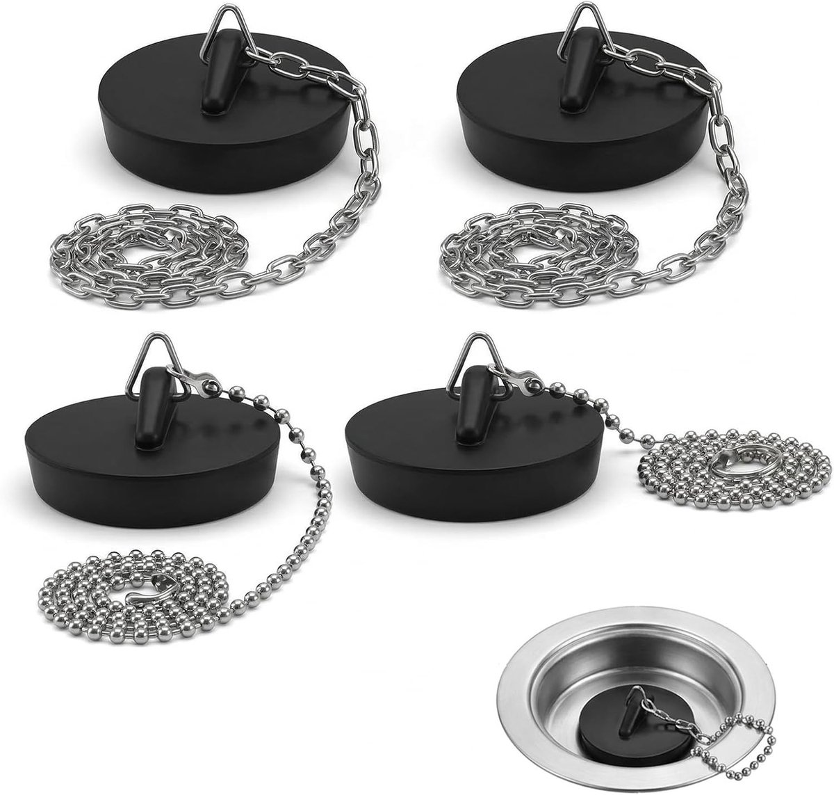 Roestvrijstalen keuken-gootsteen stop - Zwart - Diameter 4,5 cm - Rubberen Afvoerplug met Ketting - Voor Keuken en Badkamer