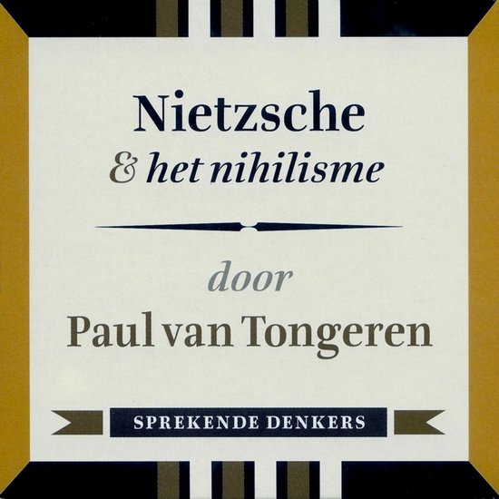 Boek "Nietzsche & het nihilisme" door Paul van Tongeren. Met een gestreepte rand en gouden accenten.