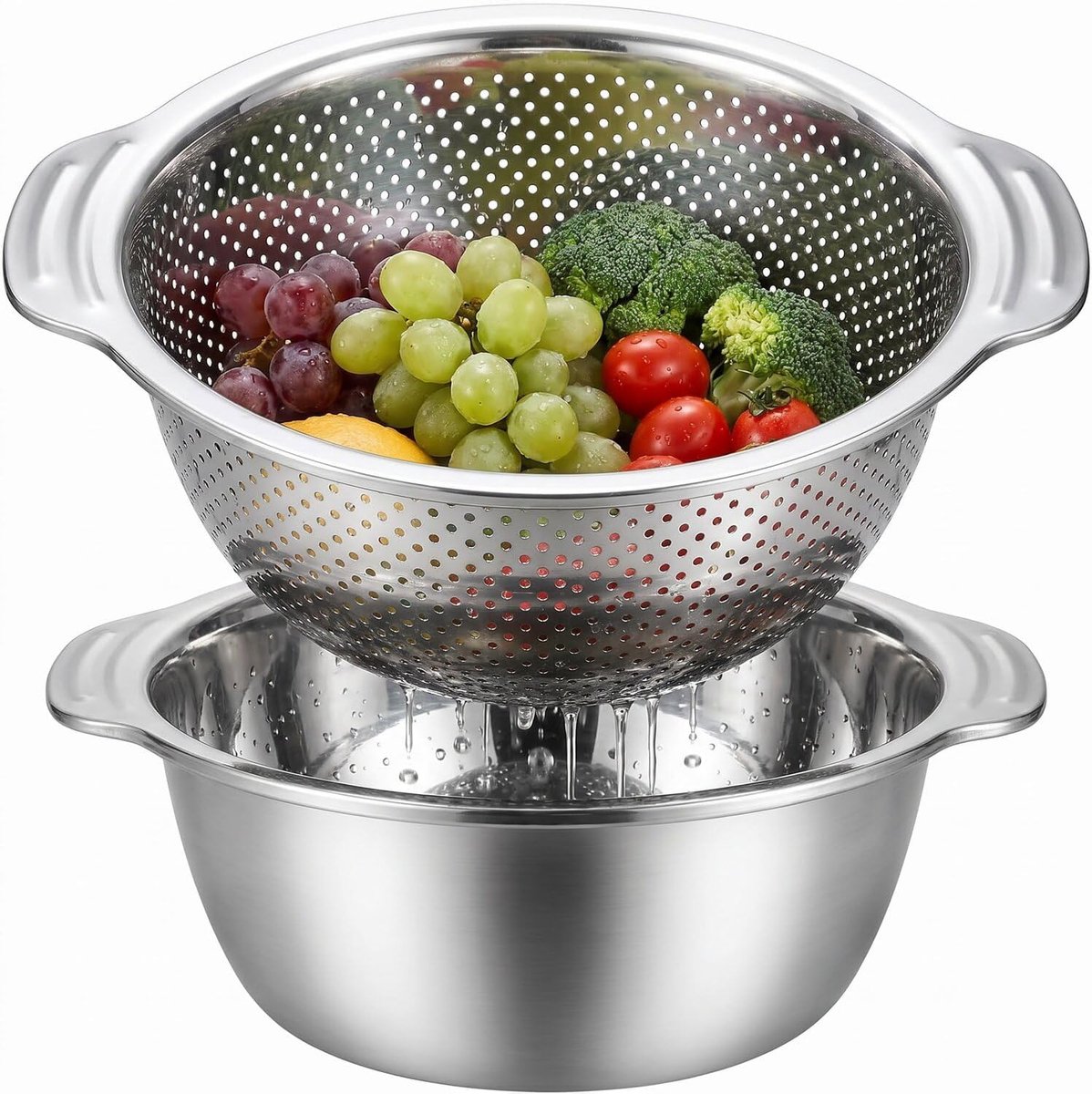 Bobypet - RVS Vergiet en Mengkom Set 28 cm - 2-Delige Roestvrijstalen Keukenzeef met Handgrepen - Voor Pasta Afgieten en Groenten Wassen - Vergiet - Gemakkelijk schoon te maken, ruimtebesparend- Zilver