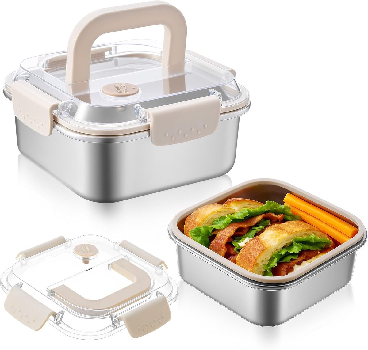 Bobypet - RVS Sandwichbox en Voedselopslag Bakje - 1800ml Lekvrije Lunchbox met Transparant Deksel en Handvat voor Snacks en Maaltijden