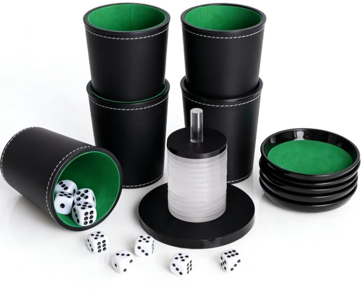 Omgoods - Compleet Schocken Spelset met 5 Leren Dobbelbekers en 25 Dobbelstenen