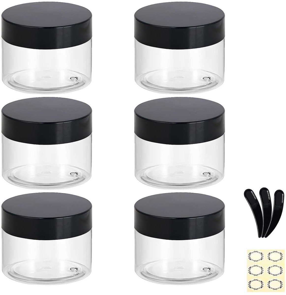 Omgoods - Set van 6 Lege Plastic Jars van 100ml met Zwarte Deksels