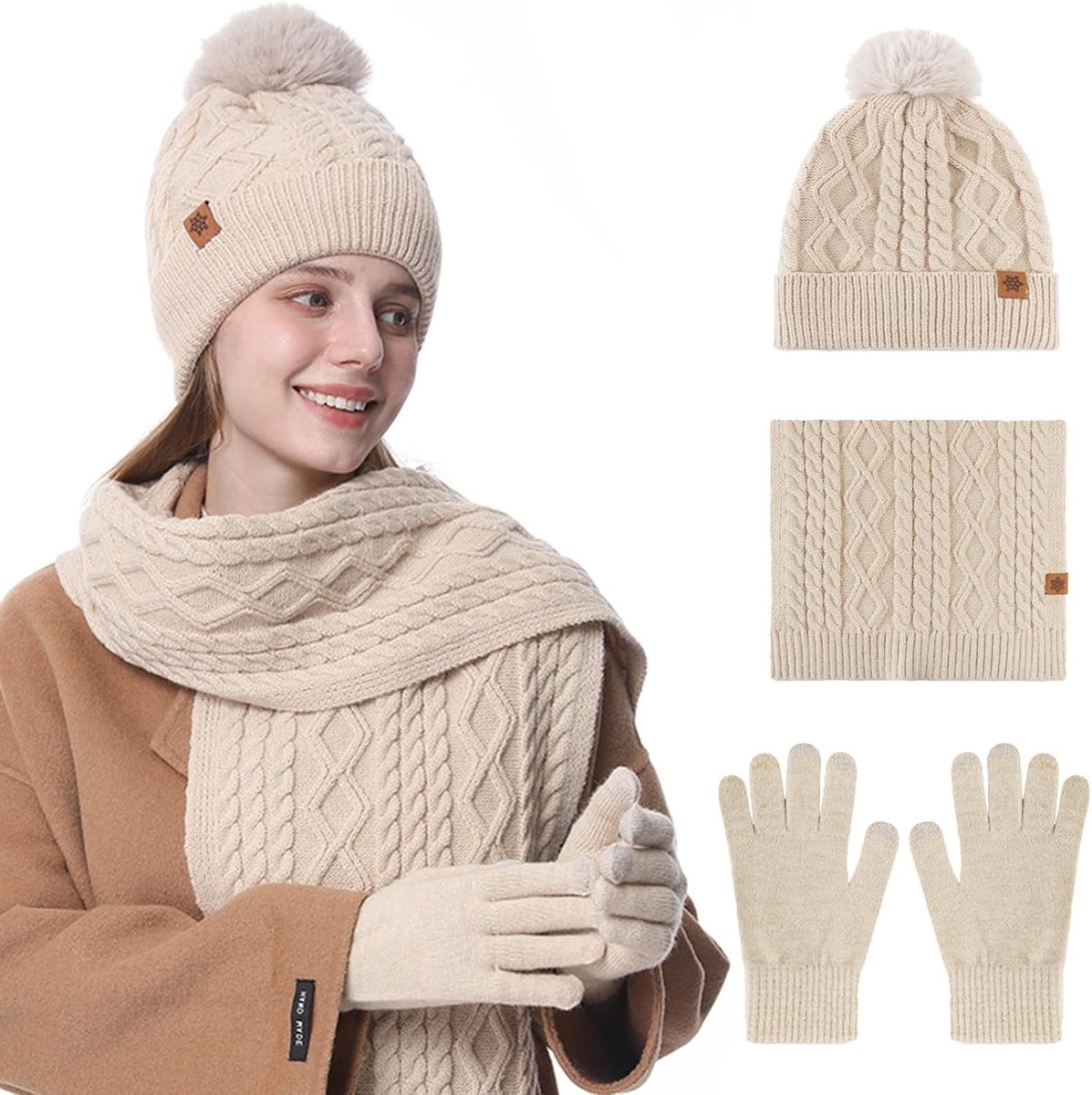 Dames muts, sjaal en handschoenen set, 3-in-1 gebreide winteraccessoires met pompon, warme touchscreen-handschoenen en sjaal