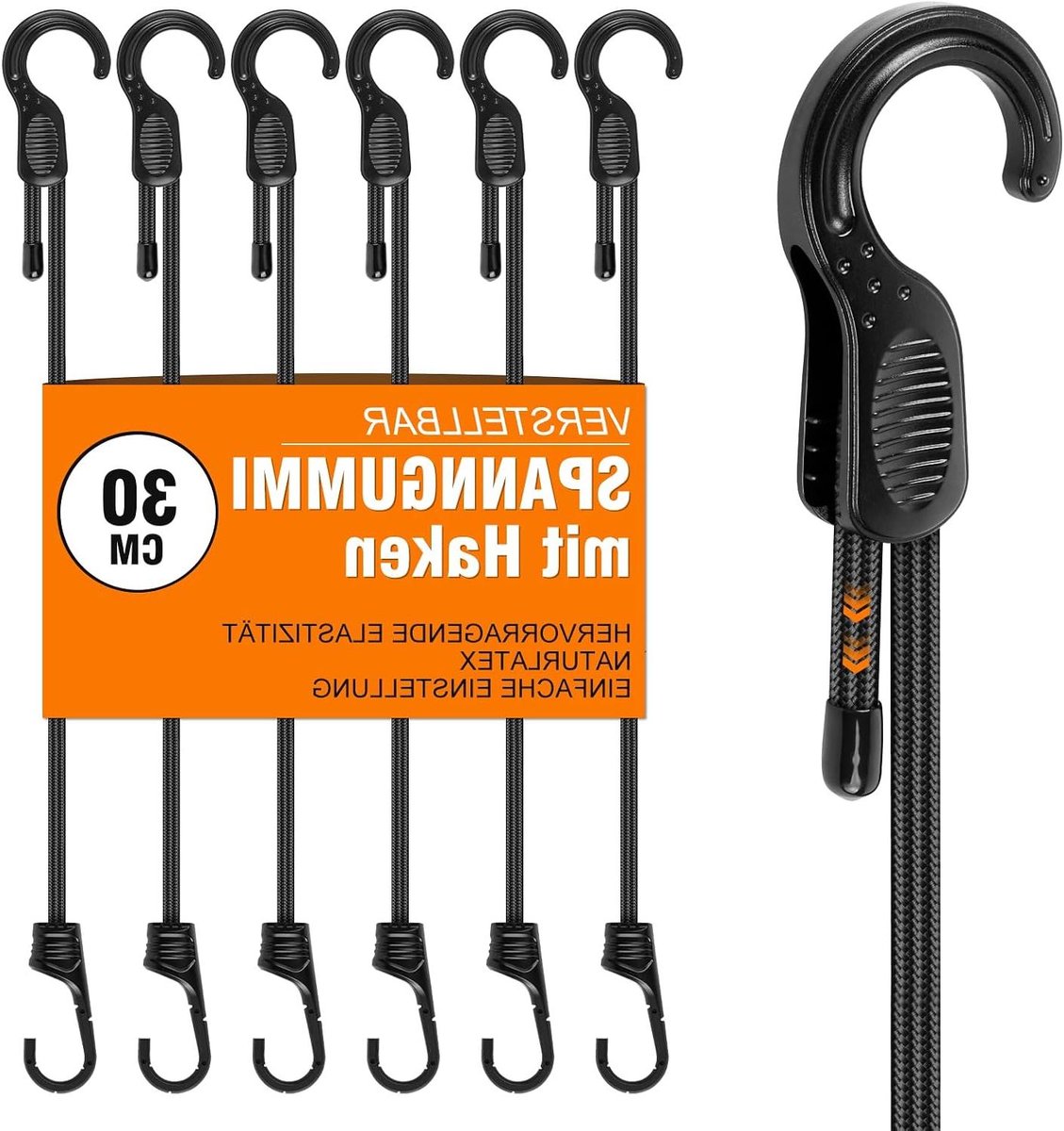 Spanbanden met haken - Expander riemen - Lading vastzetten - Zeer belastbaar - 6 stuks 30 cm - Zwart