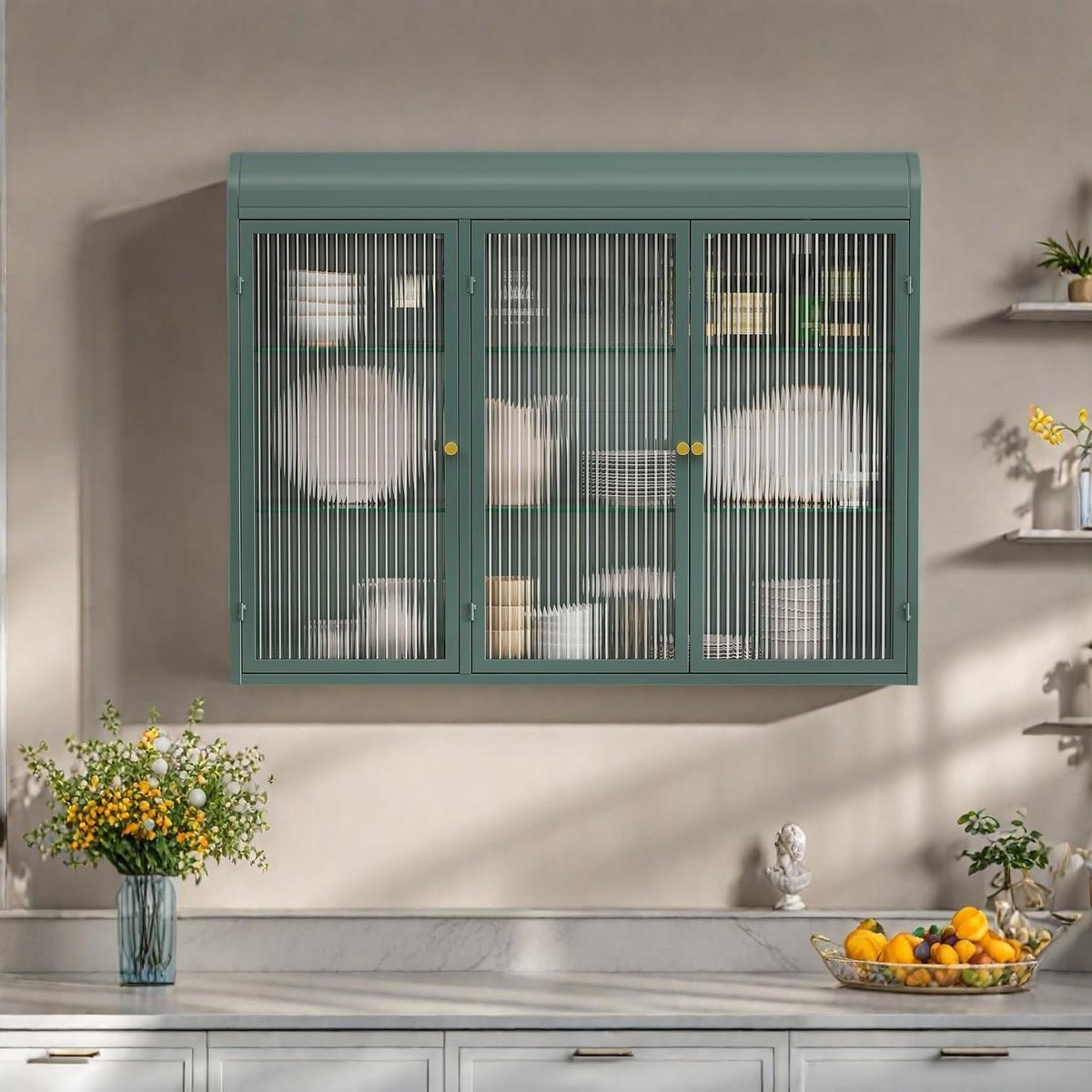 Hangkast Keuken - Wandkast Keukenkast - Keuken Opbergen - 3 Glazen Deuren - 90x20x70cm - Donkergroen
