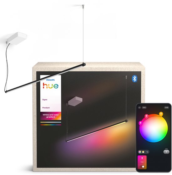 Présentation du produit de la lampe suspendue Philips Hue Signe en noir, montrant la lampe, son emballage, une boîte de montage et un smartphone avec l'application Hue affichant les options de couleur.